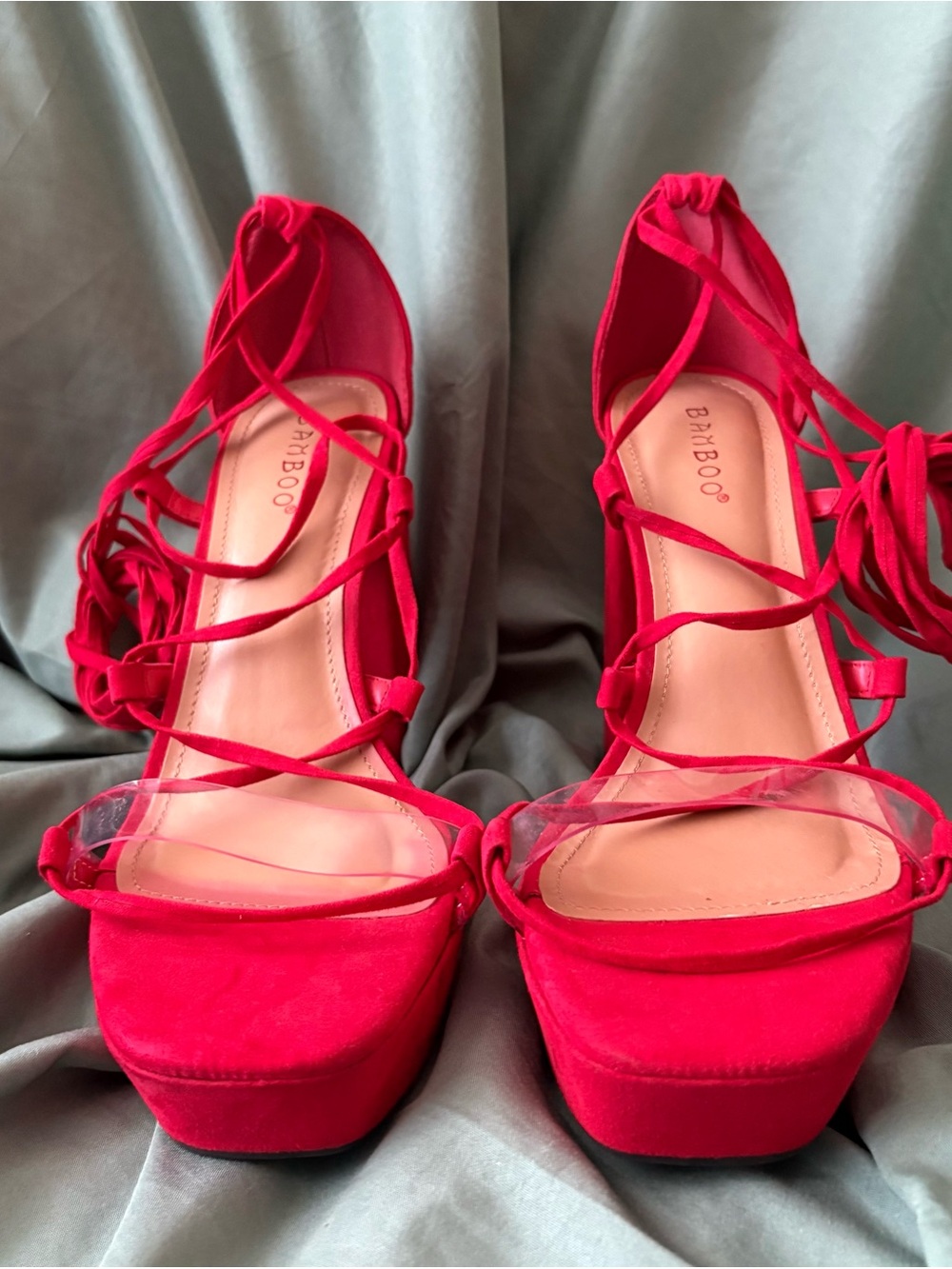 BAMBOO Red Lace-Up Strappy Heeled Sandals